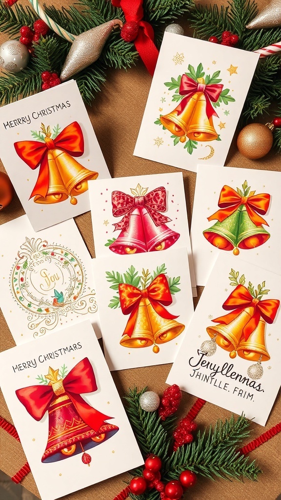 A variety of Christmas cards with jingle bells, decorated with ribbons and festive designs on a holiday-themed table.